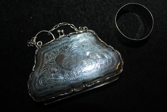 Silver purse and a napkin ring